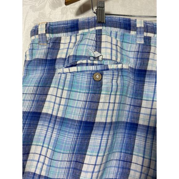 Reversible Shorts 42 Blue Plaid 100% Linen Pockets Bermuda - Picture 10 of 13